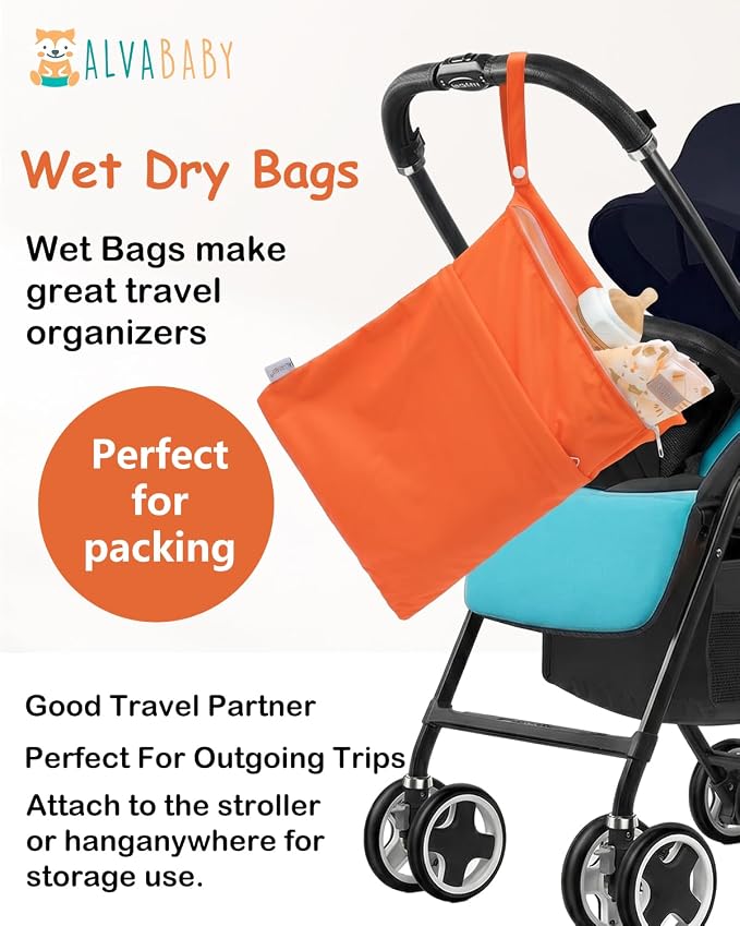 ALVA ALVABABY 3pcs Medium Cloth Diaper Wet Dry Bags Waterproof Reusable with Two Zippered Pockets Travel Beach Pool Daycare Soiled Baby Items Yoga Gym Bag for Swimsuits or Wet Clothes 3L-ZM45