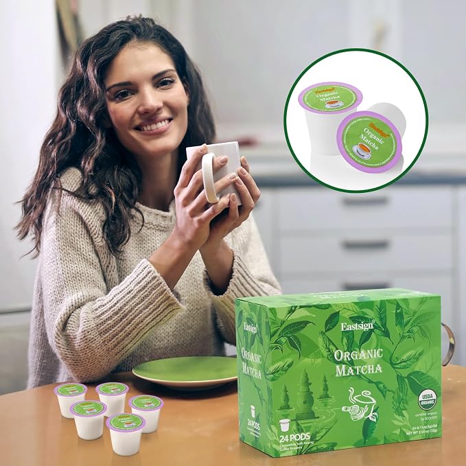 Eastsign Organic Matcha Green Tea K Cups for Keurig, 24 Count Matcha Pods, Matcha Latte K Cups, Smooth Green Tea Pods for Hot or Iced Drinks