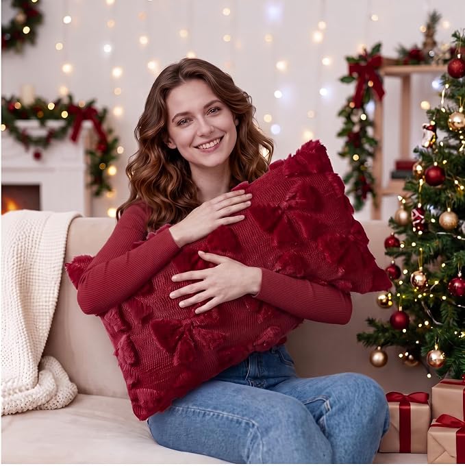 Mixweer Burgundy Bow Pillow Covers Set of 2 Preppy Room Decor Coquette Cute Spring Summer Decorative Faux Fur Soft Bowknot Stuff Fluffy Plush Aesthetic Pillowcase for Bed Sofa Couch (12 x 20 Inch)