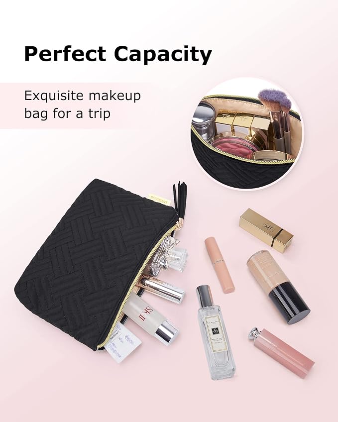BAGSMART Small Makeup Bag, Elegant Cosmetic Pouch with Tassel, Soft Water-Resistant Travel Organizer for Women, Cosmetics & Everyday Essentials, Black