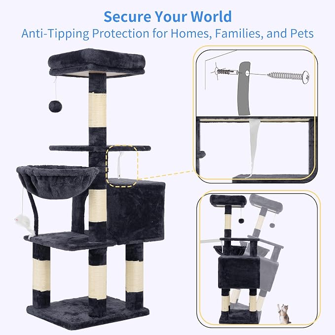 Heybly Cat Tree with Toy, 43.3 inch Cat Tower for Indoor Cats HCT004SG | Cat Condo with Durable Sisal Scratching Posts, Cat House with Padded Plush Perch, Cozy Hammock, Smoky Gray