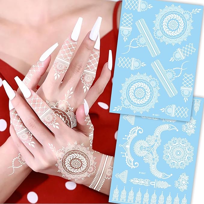 6 Sheets Henna Tattoos Temporary Stickers White Flower Geometric Waterproof Henna Tattoos for Women Indian Diwali Supplies Wedding Party Festivals Decoration