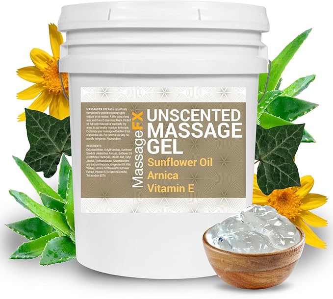 Massage Gel by Massage FX - 100% Pure Jojoba & Sunflower Seed Oil - Herbal Extracts Ivy, Arnica & Aloe - Unscented - Max Workability & Glide - Perfect for Full Body Massages - Paraben Free - 5 Gallons
