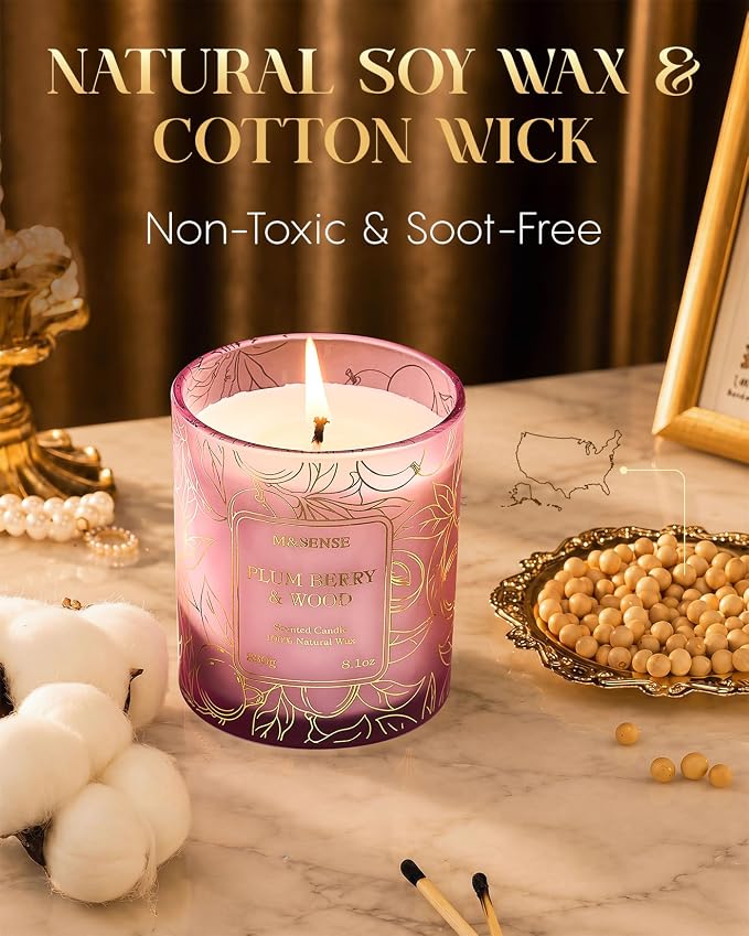 M&SENSE Plum Berry Wood Soy Candle, 8.1oz Gilded Glass, Fall Warmth Gift | 42H Long Burn, Non-Toxic, Cozy Relax Romantic Home Fragrance, Warmer Compatible, Reusable Glass, Sensitivity-Safe