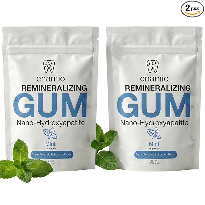 Enamio Mint Remineralizing Gum with Nano Hydroxyapatite for Enamel Support & Sensitive Teeth - Xylitol Gum, Plastic Free, Sugar Free, Natural Oral Care - No Aspartame- Made in USA - 2 Pack