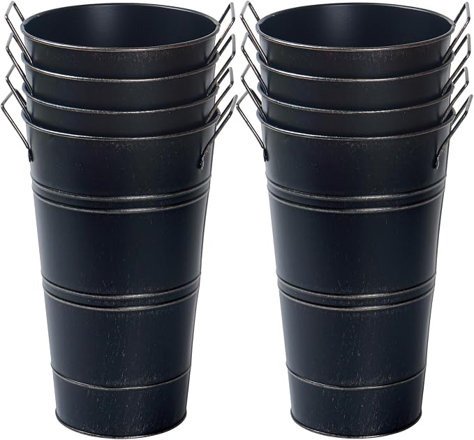 Notakia 12 Inch Large Galvanized Metal Vases Farmhouse French Flower Bucket Vases for Cut Flowers for Home Decor and Wedding Table Centerpiece Decorations (Large Blcak 8Pcs)