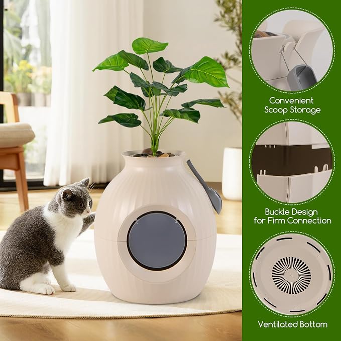 PETSITE Hidden Litter Box Plant, Cat Litter Box Enclosure Furniture with Smart Odor Removal System, 4 Light Effects, Door, Artificial Plant, Pebbles, Scoop, Planter Litter Box for Large Cats