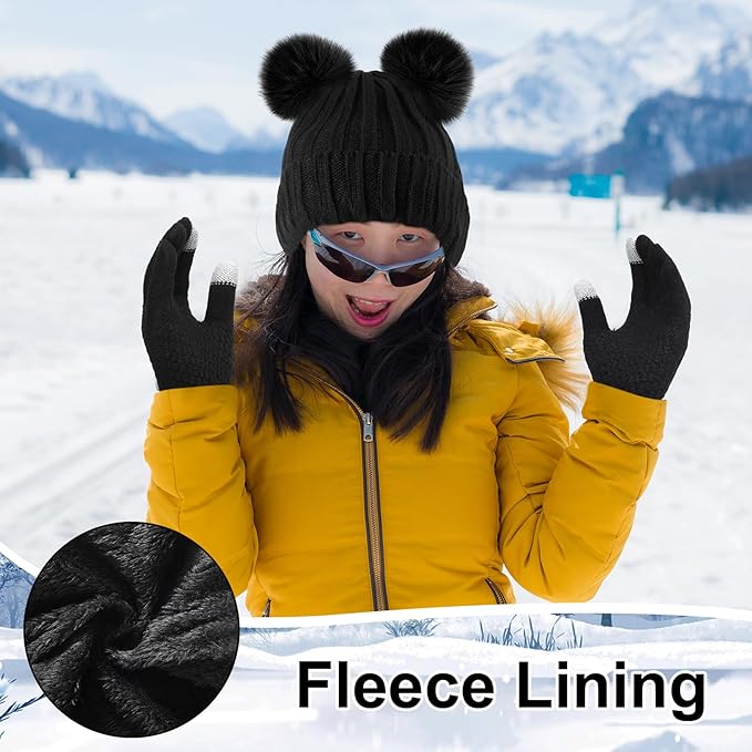 SATINIOR 5 Pcs Winter Hat Scarf Gloves Set Fleece Warm Lined Knit Beanie Hat Touch Screen Earmuff Gloves Warmer for Women(Black,Cute Style)