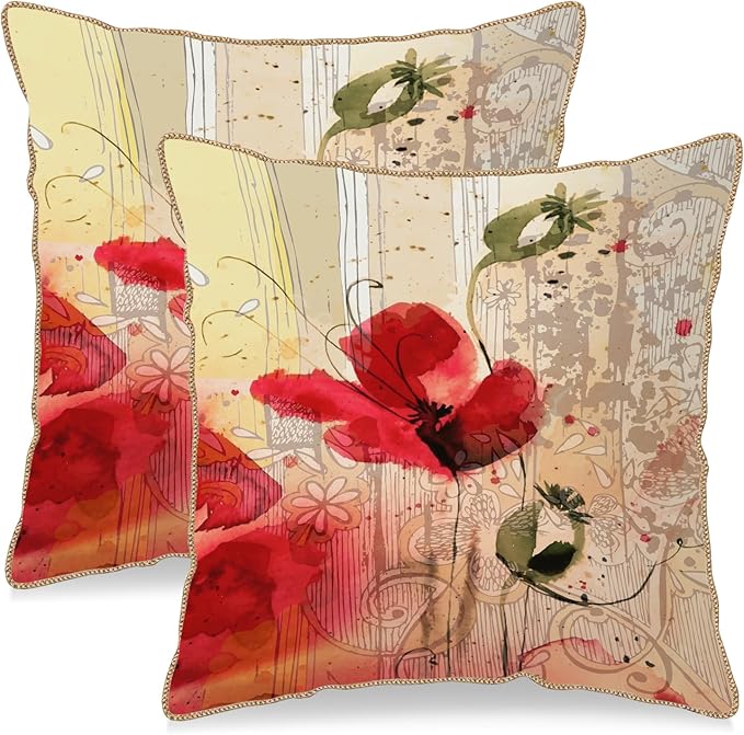 KSLIDS Red Poppy Flower Soft Velvet Throw Pillow Covers Set of 2 Watercolor Art Flower Decorative Pillow Covers 18x18 Inch Retro Beige Pillow Case for Sofa Couch Living Room Farmhouse Home Decor