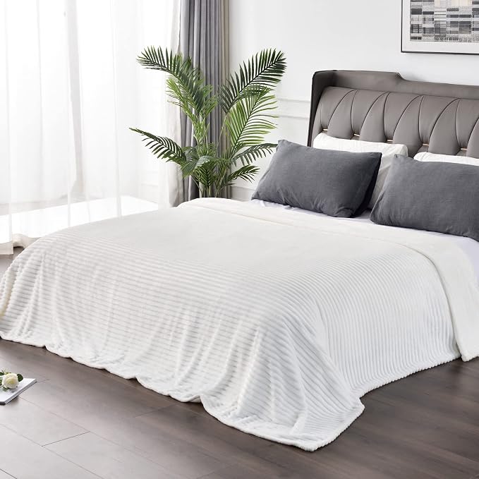 BEDELITE Ribbed Jacquard Off White King Size Blankets for Bed, 108x90 Inch | Soft Warm Decorative Fluffy Blanket, Cozy Fuzzy Lightweight Plush Fleece Throw Blankets for Bed, Room Decor, Gift for Women