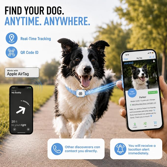AirTag Dog Collar with QR Code ID, Dog Collar with Air Tag Holder, Blue, S