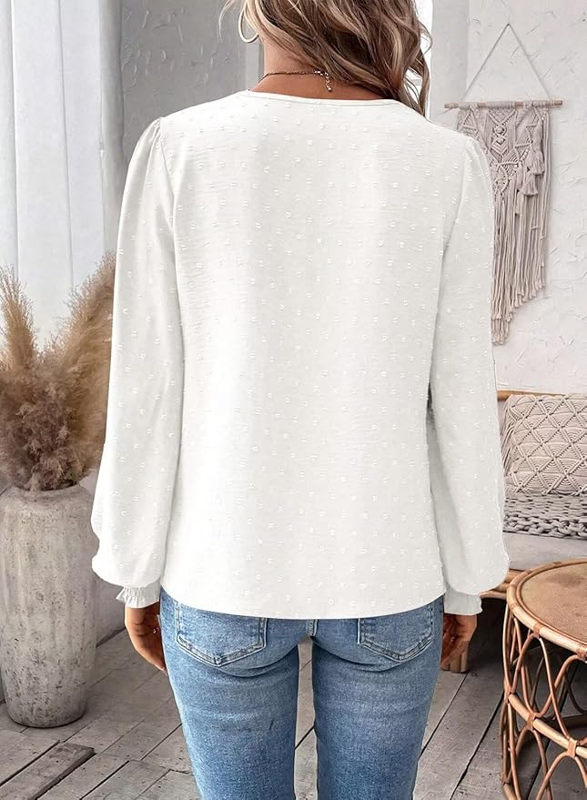 Womens Tops Swiss Dot Boho Long Sleeve Shirts V Neck Casual Chiffon Blouses Flowy Lace Hem Cute Clothing Trendy 2026
