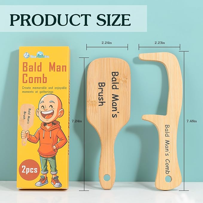 BlueForest Era 2 PCS Bald Mans Comb, Funny Gag Gift No Teeth Head Brush and Comb Set for Bald Men, Wooden Hairless Combing Boss Day Father's Day Over The Hill Party Prank Novelty Gift for Men