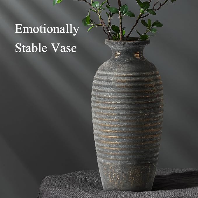 Emotionally Grounded Vase, Vaseking Large Ceramic Rustic Vase, 14.4 inch Minimalist Threaded Decorative Farmhouse Tall Vases for Home Decor, Living Room, Enterway, Table Decoration, Bronze