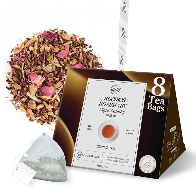 ALTDIF Rooibos Rosemary Night Lullaby Herbal Tea Bag Set for Calm and Restful Sleep - Chamomile and Lavender Blend - Caffeine-Free Floral Tea Bag Box for Evening Relaxation - 8 Pyramid Teabags