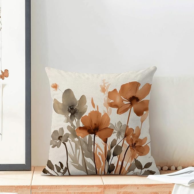 Floral Pillow Covers 18x18 Inches Set of 2 Brown Orange Floral Throw Pillow Covers Outdoor Rustic Orange Flower Decoration Pillowcase Farmhouse Decorative Linen Cushion Cover For Home Sofa Couch