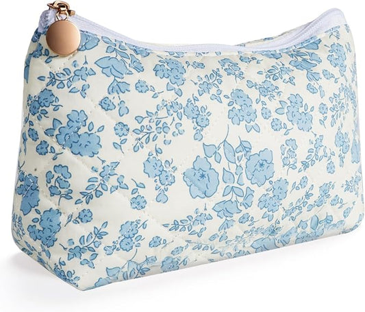 Quilted Cotton Makeup Bag, Coquette Quilted Toiletry Bag for Women and Girls, Floral Coquette Pouch, Cute Kawaii Travel Cosmetic Bags (Blue Floral)