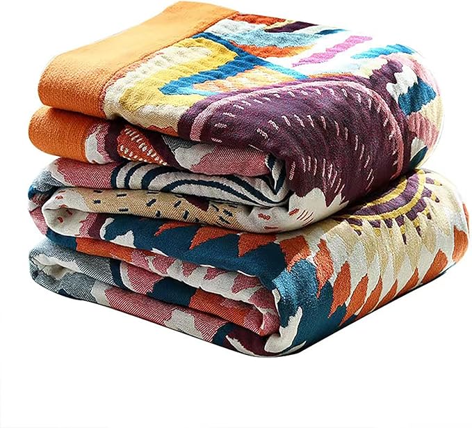 VANJOROY Boho Throw Blanket, 100% Organic Muslin Cotton Skin-friendly Breathable Ultra Soft Bed Quilt Throw - All Season Bohemian Decor Luxury Colorful Blanket for Sofa Couch Chair and Gift. 91" x 98"