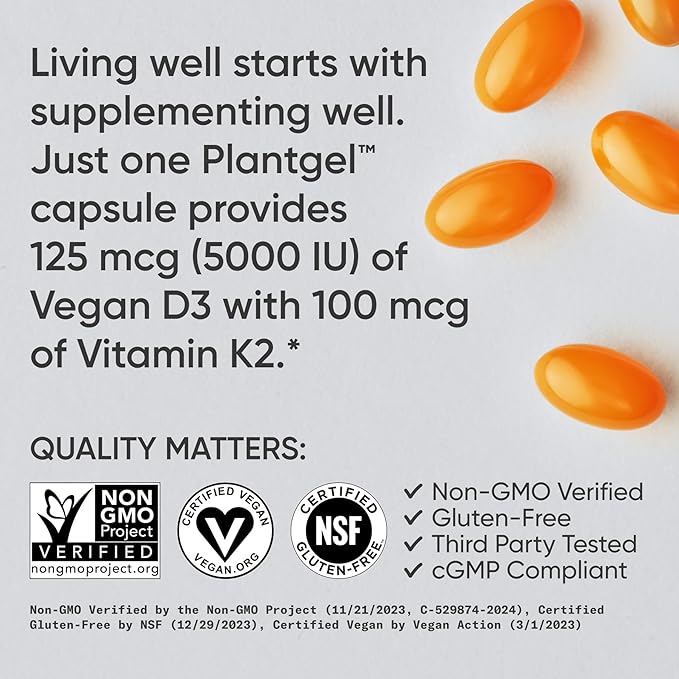 Sports Research® Vitamin D3 + K2 with 5000iu of Plant-Based D3 & 100mcg of Vitamin K2 as MK-7 | Non-GMO Verified & Vegan Certified (120ct)