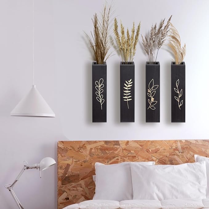 Wooden Wall Vase Planter Set of 4 | Black Finish Farmhouse & Boho Wall Decor for Entryway, Hallway, Bathroom, Living Room, Dining Room