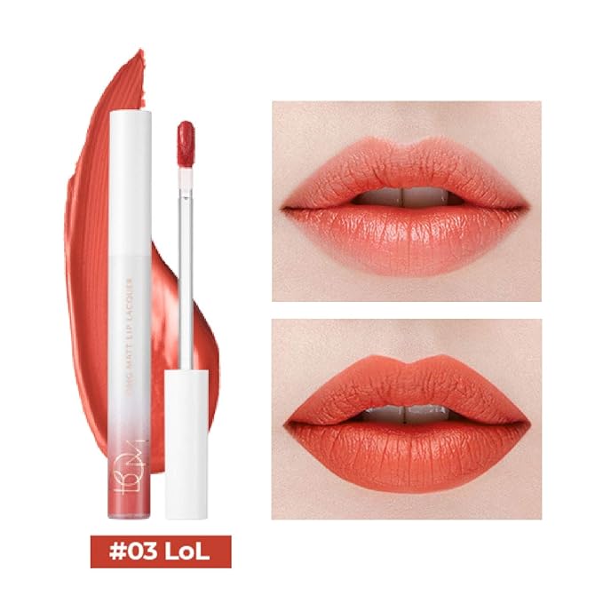 BOM OMG Matte Lip Lacquer #3 LOL Waterproof Long Lasting Smudge-Proof, Lightweight, Vibrant Lips, Matte Finish, Full Coverage, Korean Makeup 0.14 oz