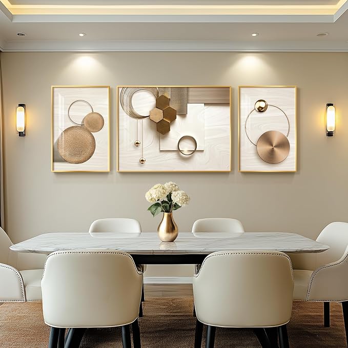 Large Framed Modern Luxury Gold Wall Art for Living Room, 3 Piece Bright Style Art Prints Wall Paintings Artwork for Walls, Bronze Gold Geometric Pictures for Dining Room Bedroom Office Wall Decor