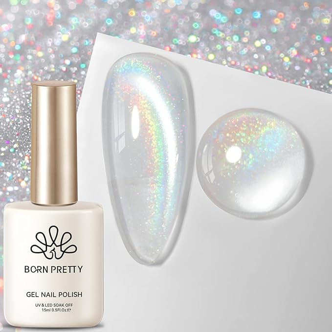 Born Pretty White Glitter Cat Magnetic Eye Gel Nail Polish, Holographic Glitter Iridescent Polish Soak Off Manicure Salon DIY Gifts 15ML
