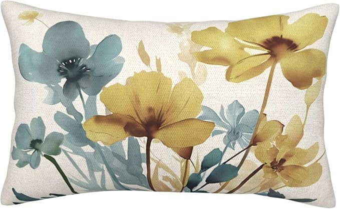 Spring Floral Pillow Covers 12x20 Inch Set of 2 Blue Yellow Floral Throw Pillow Cover Outdoor Modern Summer Flower Decoration Pillowcase Farmhouse Decorative Linen Cushion Cover For Sofa Couch