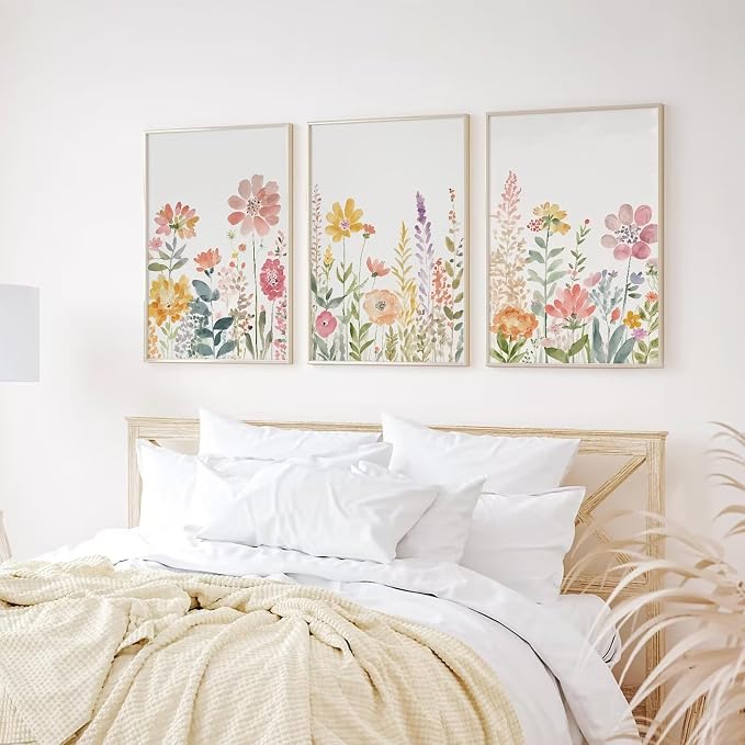 Watercolor Wildflower Wall Art Decor Colorful Flower Pictures Canvas Floral Botanical Wall Art Vintage Prints Poster Floral Painting Artwork for Living Room Bedroom 16x24 Inch Unframed Set of 3