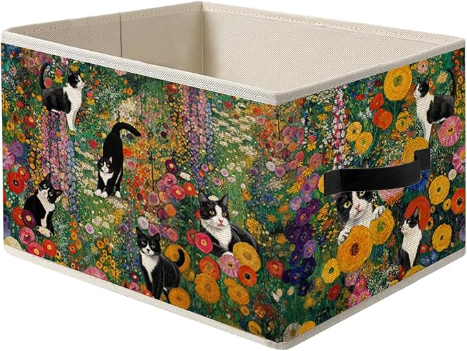 Gustav Klimt Inspired Tuxedo Cat Storage Bin Box with Handles, Colorful Floral Black and White Cat Foldable Organizer Basket Toybox for Home Bedroom Bathroom Clothes Toys Books