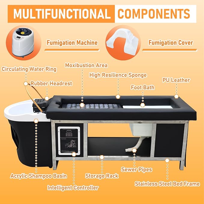 Head Spa Equipment with Footbath, Japanese Head/Feet/Back Massage Therapy Table, Moxibustion Moxa Shampoo Bed, with Foot Bath Basin, Bianstone Magnetic Therapy, for Spa Beauty Salon Barber