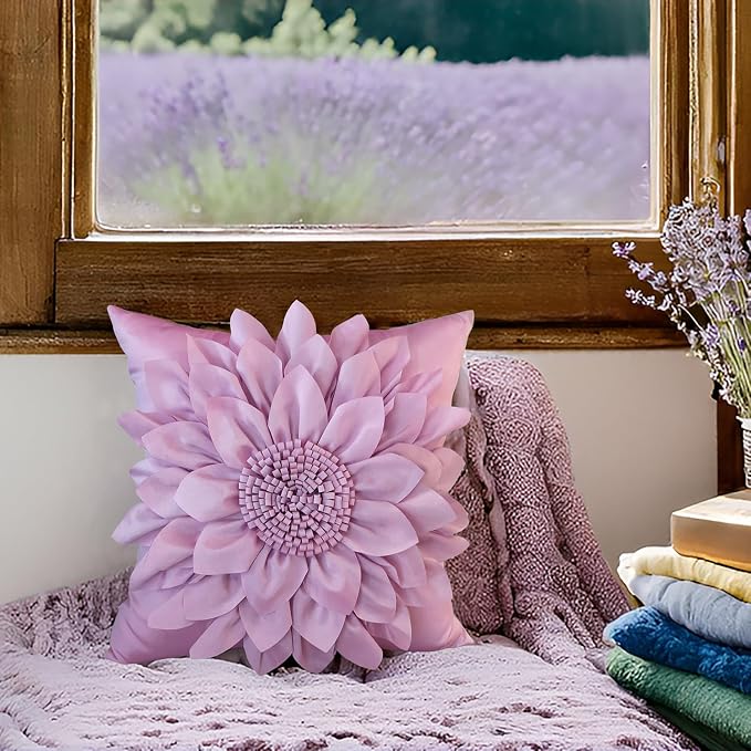 Purple Accent 3D Flower Decorative Throw Pillow Covers for Bed Sofa Couch | Bella's Giftshop Handmade Sunflower Floral Pillow Cases Living Room Bedroom Decor, Standard Size 18x18 Inch