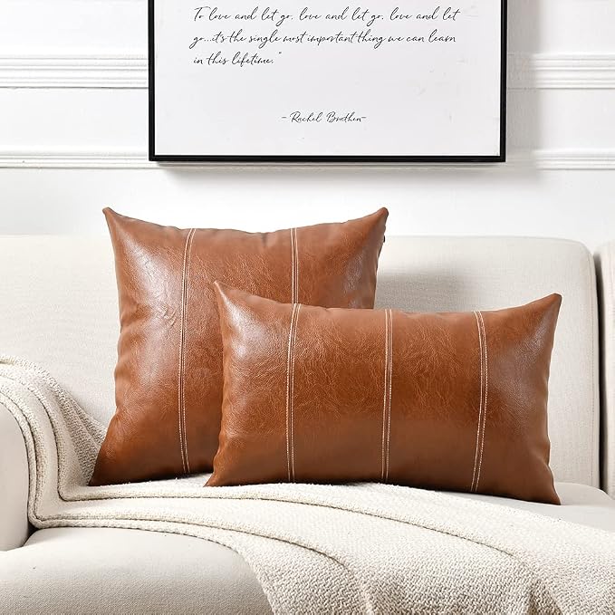 Fancy Homi Brown Boho Lumbar Faux Leather Decorative Throw Pillow Covers 16x24 Inch for Living Room Couch Bed Sofa, Hand Stitched Rectangle Cushion Case 40x60 cm, Rustic Modern Farmhouse Home Decor
