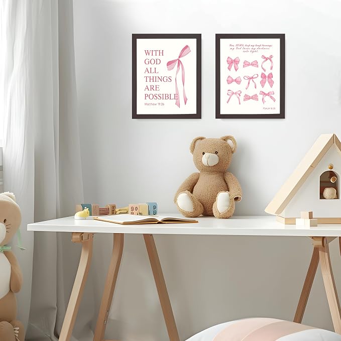 LARTSFRO Coquette Pink Bow Wall Art Decor Posters, Pink Bow Room Bedroom Bathroom Dorm Wall Art Decor Aesthetic for College Teen Girls Gifts, Inspirational Bible Verses Bow Wall Decor, 10x8 Inch Set of 4 Pcs Bow Pictures (DARK FRAMED)