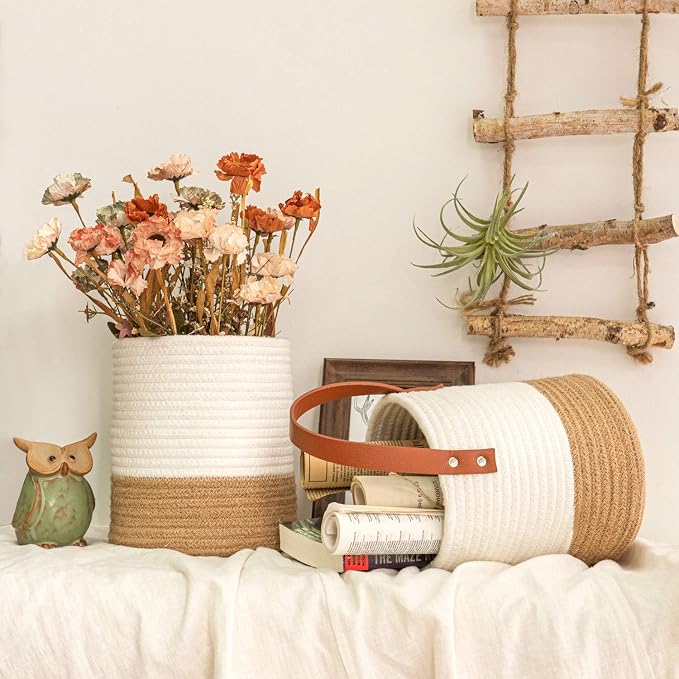 Goodpick 2 Pack Jute Rope Wall Hanging Storage Baskets for Home Decor | Boho Woven Hanging Plant Basket Decor, Decorative Basket for Home, Size 7.87×7×11.7 Inches for Wall Flower & Home Storage