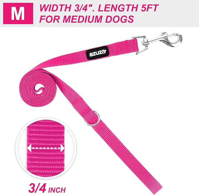 azuza Nylon Dog Collar and Leash Set, Strong & Durable Basic Style Leash and Collar with ID Tag Ring, Available in Multiple Lengths for Medium Dogs, Hot Pink,M