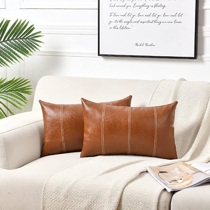 Fancy Homi Brown Boho Lumbar Faux Leather Decorative Throw Pillow Covers 12x20 Inch for Living Room Couch Bed Sofa, Hand Stitched Rectangle Cushion Case 30x50 cm, Rustic Modern Farmhouse Home Decor