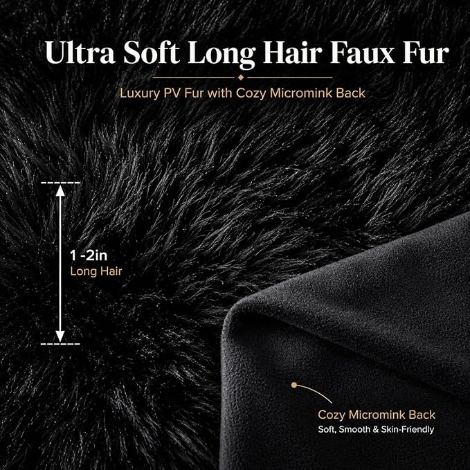 REAFORT Long Hair Faux Fur Euro Sham Cover 26"x26", Hidden Zipper(Black) | Ultra-soft plush faux fur with a hidden zipper adds luxurious comfort and is machine washable for easy care.