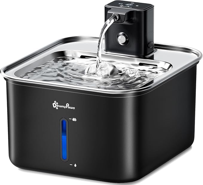 DownyPaws Cat Water Fountain Stainless Steel Wireless Automatic, Black | Cordless Battery Operated Pet Water Fountain, 101 Oz/3L Water Fountain for Cats Drinking with Motion Sensor