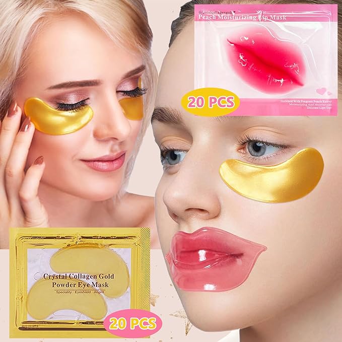 40 Pairs Lip Mask & Eye Mask, 24K Gold Gel Crystal Collagen Under Eye Patches for Puffy Eyes, Bachelorette Party Favors, Bridesmaid Gifts, Galentines Day Gifts, Bulk Mothers Day Gifts for Women