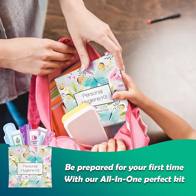 Menstrual Kit All-in-One | Convenience on The Go | Single Period Kit Pack for Travelling, Tweens & Teenagers | Individually Wrapped Feminine Hygiene Products (Butterflies)