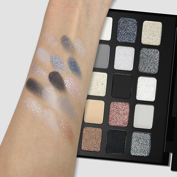 Erinde Smokey Black Eyeshadow Palette, 15 Colors Eyeshadow Pallet with Mirror, Silver Gray White Black Tones Matte Shimmer Eye Shadow Travel Size High Pigmented for Vampire Clown Joker Goth Halloween
