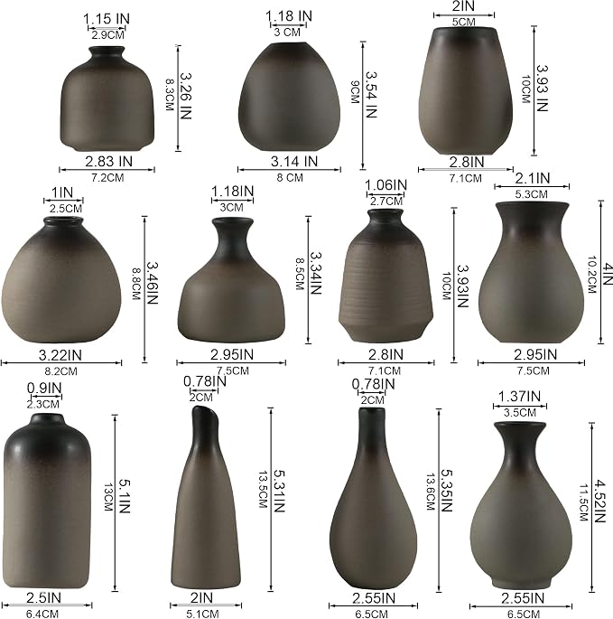 Tanvecle Rustic Ceramic Bud Vase Set of 11, Small Vases for Pampas Grass, Flowers, Modern Farmhouse for Home Decor, Vintage Decor, for Living Room, Dining Table & Shelves