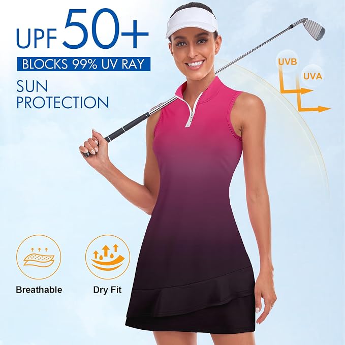 Viracy Tennis Dress for Women Sleeveless Golf Dresses with Shorts and Pockets Ruffle Zip Up Stand Collar Golf Outfits