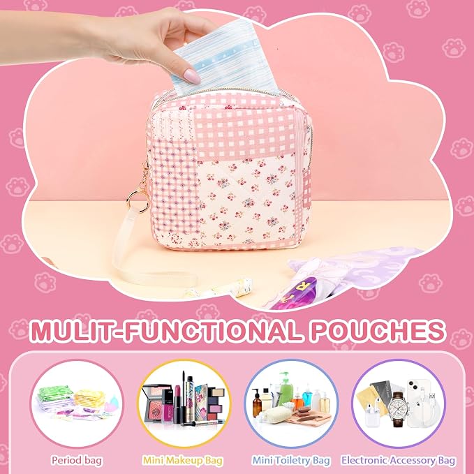 Likesing Quilted Period Bag, Period Pouches for Teen Girls Womens, Portable Floral Print Sanitary Napkin Storage Bag Feminine Emergency Tampon Pad Pouch(Pink Floral Clash)