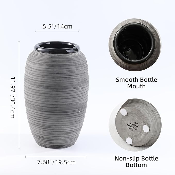 ALMA 12'' Modern Flower Vase, Large Ceramic Vase for Tabletop Decor | Boho Style with a Black and Grey Finish, Perfect for Living Rooms, Entryways, Mantels, Bookshelves, Home decor, Giftable Vase