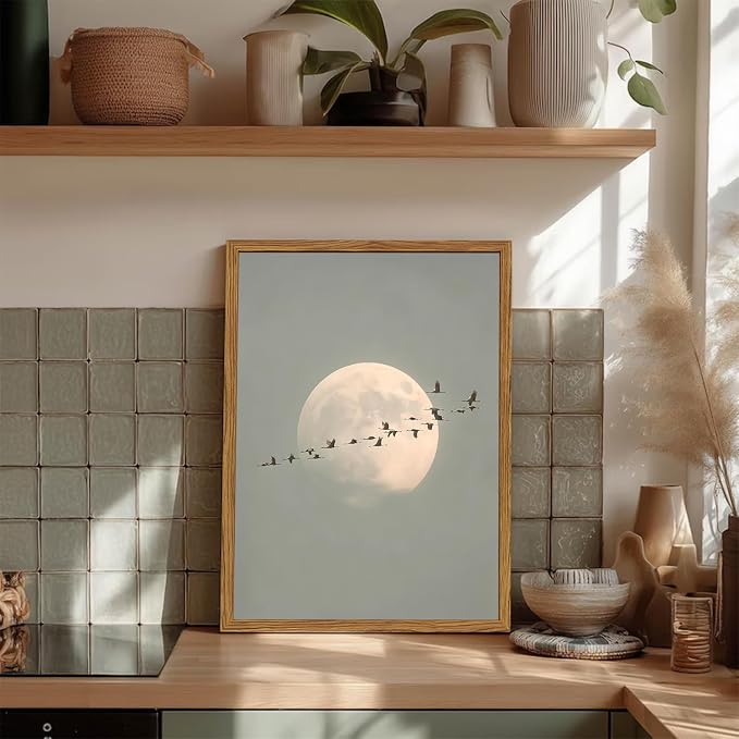 Framed Vintage Bird Wall Art, Minimalist Moon Flying Birds Pictures Wall Decor, Japandi Nature Landscape Paintings Canvas Prints Neutral Home Decor for Living Room Bedroom Bathroom 16x24 inch
