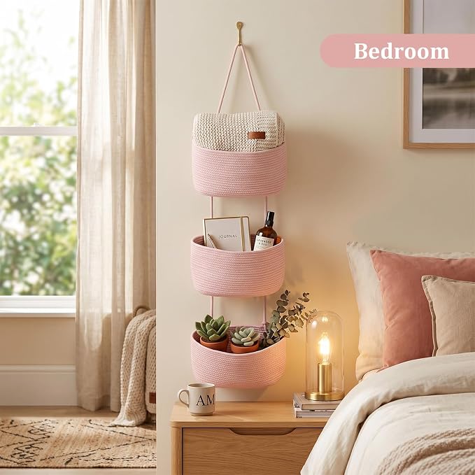 TeoKJ Over the Door Hanging Basket, 3-Tier Woven Cotton Wall-Mounted Storage Organizer Bag Decorative Hanging Nursery Baskets, Pink