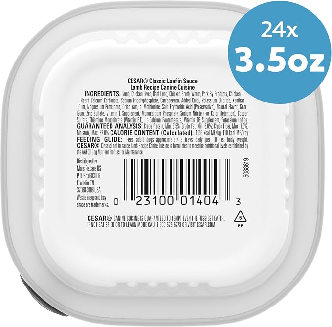 Cesar Classic Loaf in Sauce Wet Dog Food, Lamb Recipe, 3.5 oz, 24 Count | Made in USA, Real lamb #1 ingredient, no fillers, no added sugar, no artificial flavors, slow-cooked, easy peel trays