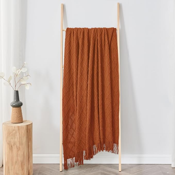 inhand Orange Rust Knitted Throw Blanket for Couch and Bed, 50"x60" | Soft Cozy Knit Blanket with Tassel, Lightweight Decorative Blankets and Throws, Farmhouse Warm Woven for Men and Women